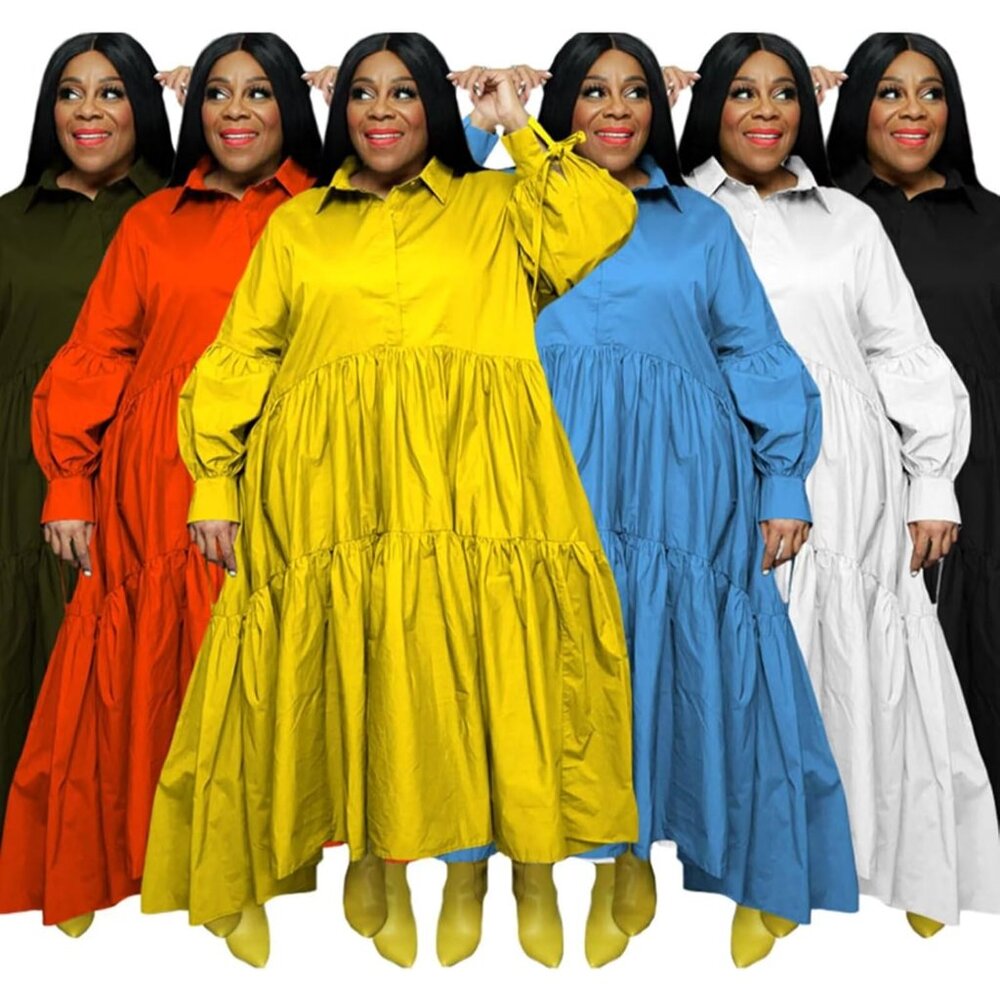 Plus Size Long Sleeve Button Down Maxi Dress Ruff… - image 5